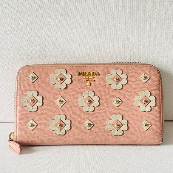 Prada Handbags - PRADA Saffiano Leather Flower Pearl Long  Zip Around Wallet